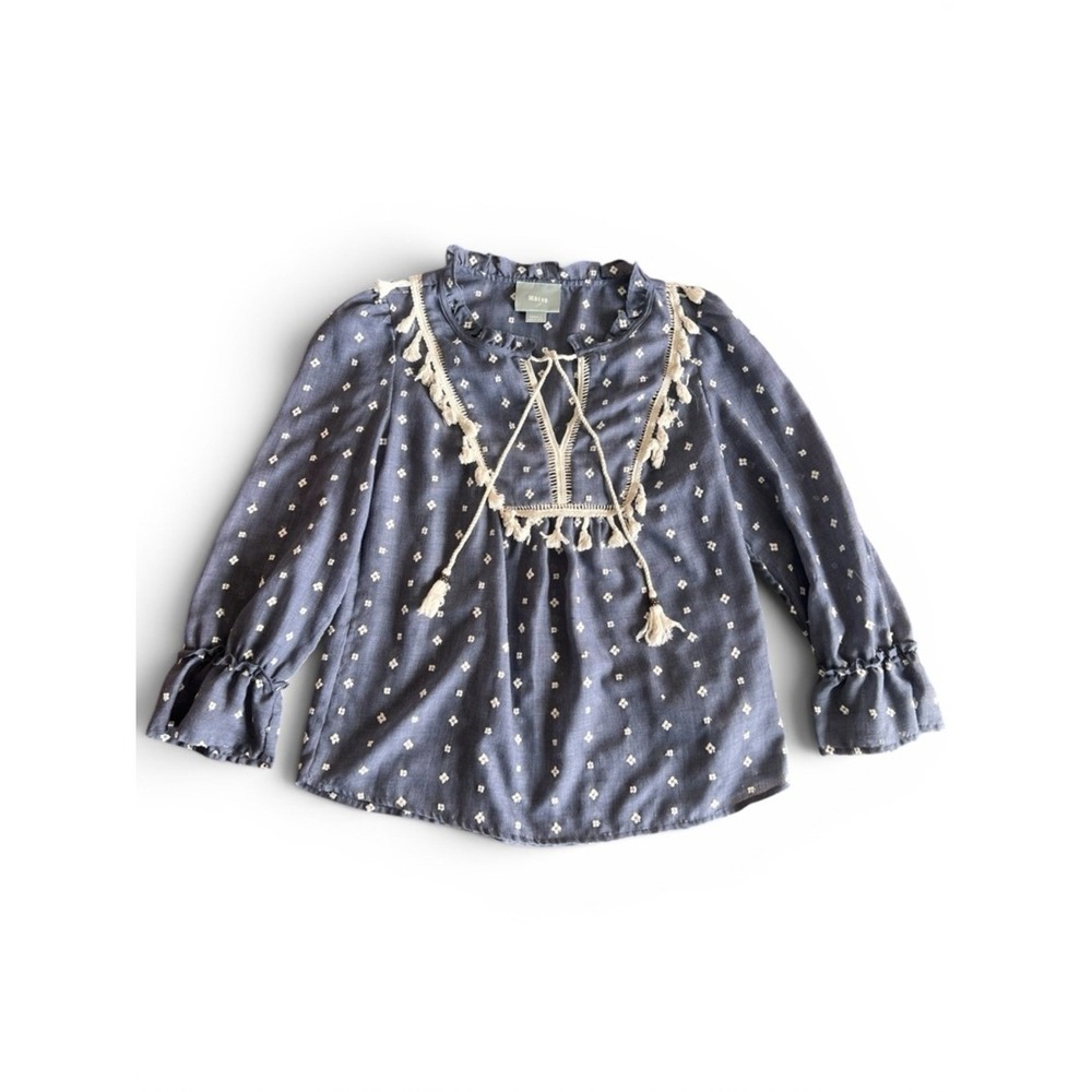 Maeve Blue Embroidered Boho Blouse Women XS Tassel Tie Top Cottagecore Lagenlook